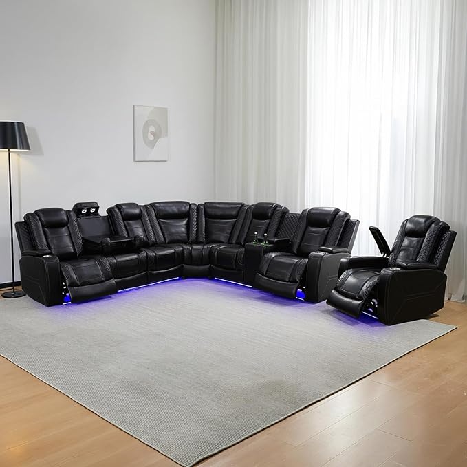 Power Leather Recliner Sectional Sofa with LED Light,L Shaped Reclining Couch with USB Charger/Cup Holder/Storage,Leather Sofa for Living Room Furniture Sets(Black Stripes,Sectional+1 Seat)