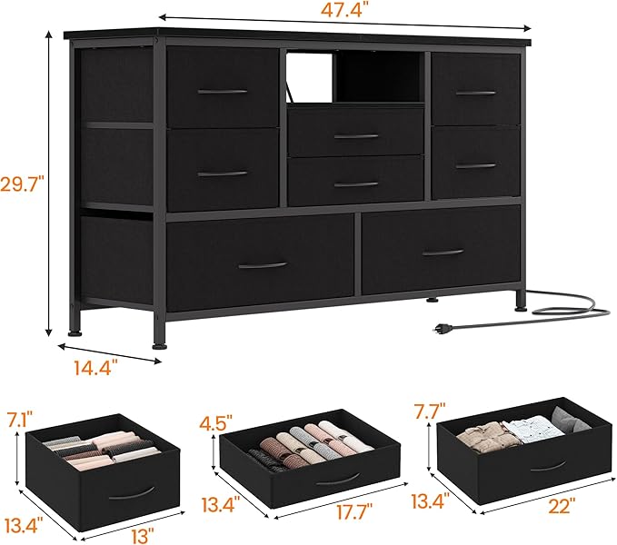 Jojoka 8-Drawer LED Dresser TV Stand with Power Outlet for 55'' TV - Wide Storage Chest for Bedroom, Living Room & Entryway, Wood Top Console Table with 22 Light Modes