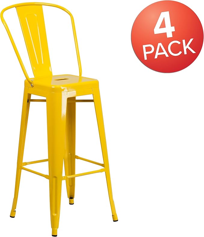 Flash Furniture Lily Commercial Grade 4 Pack 30" High Yellow Metal Indoor-Outdoor Barstool with Removable Back