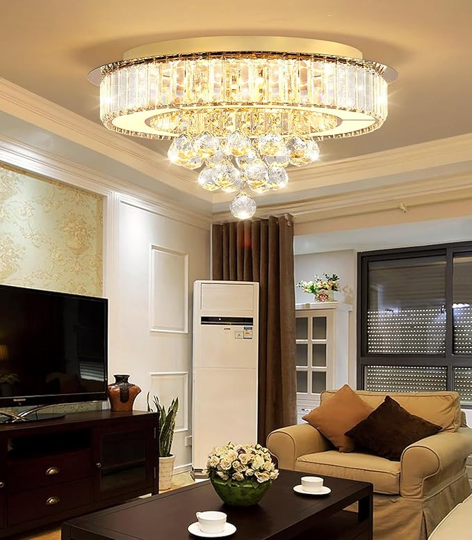 19.6'' Gold Modern Crystal Chandeliers for Dining Room LED Dimmable Light Fixtures Flush Mount Light Living Room Bedrooms