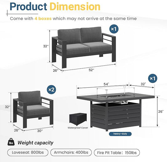 Wisteria Lane Aluminum Patio Furniture Set, 4 Piece Metal Outdoor Sofa Set with 54-INCH CSA Certified Propane Gas Fire Pit Table(Dark Grey)