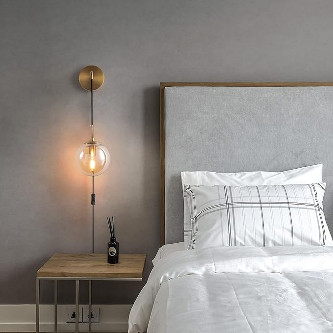 Wall Sconces Set of Two Plug in Wall Sconces with Globe Amber Glass Shade Wall Lamp with Cord Wall Sconce Plug in Brushed Brass Gold Sconces Set of 2 Wall Light Sconce