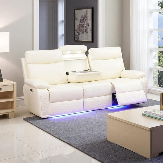 A Ainehome Power Recliner Sofa Couch with LED, Breathing Leather Reclining Couches, Living Room Furniture Sets, Recliner Furniture with Coffee Table/Cup Holders/Charging for Living Room