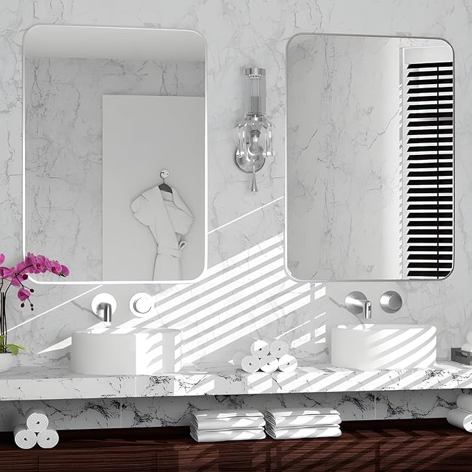 Manocorro Wall Mirror Bathroom Mirror, 20 x 28 Inch Silver Rectangular Mirror with Aluminum Alloy Frame, Rounded Corner Hanging Mirror Decor for Entryway, Bedroom, Living Room, Silver