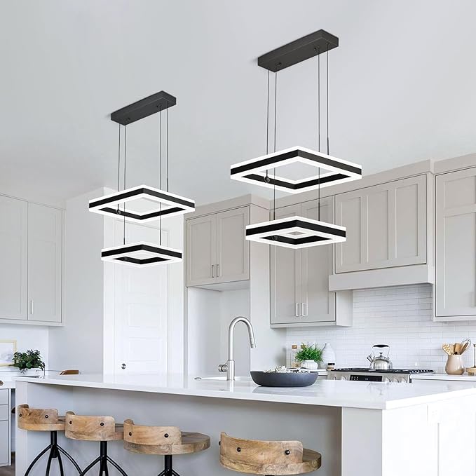 Modern Black Chandelier Foyer Ceiling Chandeliers 65W Dimmable LED Pendant Light Dining Room Light Fixture 2 Rings Square Chandelier for Kitchen Island Living Room Bedroom Hallway