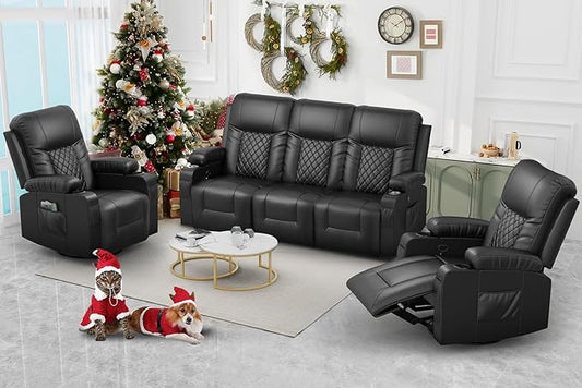 FURNIMAT Recliner Sofa Set with 3+1+1 Pieces in Living Room, 3 Seater Reclining Sofa, 2 Recliner Chair with 360 Degree Swivel Single Sofa Seat, Black, FU-RC06-PUBK-3+1+1