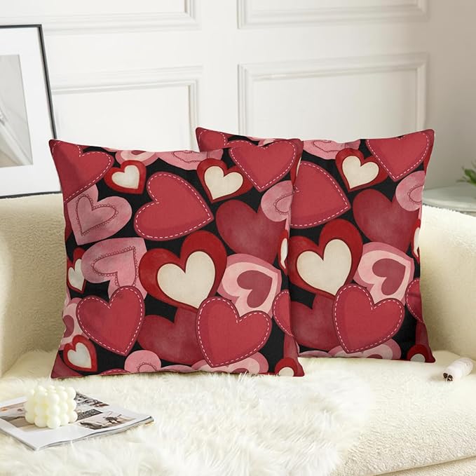 Valentines Outdoor Pillow Covers 18x18 Set of 2 Red Black Love Heart Farmhouse Decorative Throw Pillows Valentine Day Wedding Cushion Case for Home Sofa Couch Bed