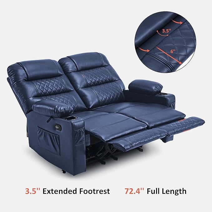 MCombo 56.3" Zero Gravity Power Loveseat Recliner with Heat and Vibration Massage, Reclining Loveseat Sofa with USB Ports, Cup Holders for Living Room, Faux Leather PR622Sets (Navy Blue)