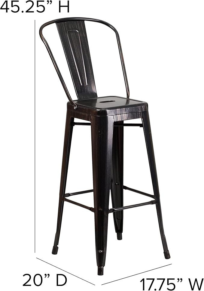 Flash Furniture Commercial Grade 30" High Black-Antique Gold Metal Indoor-Outdoor Barstool with Removable Back