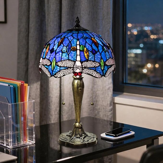 Small Tiffany Table Lamp, Blue Dragonfly Stained Glass Lamp,12 Inch Tiffany Style Lamp for Bedroom Living Room Home, Handcrafted Light, Included Bulb