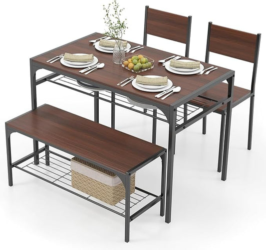 COSTWAY 4 Pieces Dining Table Set, Kitchen Table and 2 Chairs for 4 with Bench, Storage Racks, Metal Frame & Space-Saving Design, Industrial Kitchen Table Set for Small Space, Apartment (Walnut)