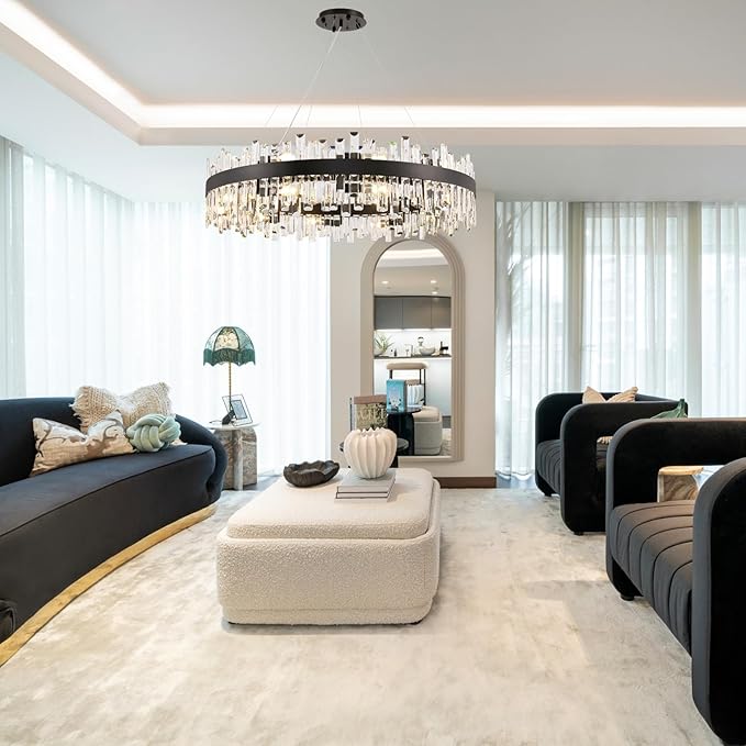 CROSSIO 20-Light Modern Large Crystal Chandelier Black Round 2-Tiers Raindrop Chandelier Luxury Flush Mount Hanging Ceiling Light for Dining Living Room Entryway Foyer Stairway D39.4''