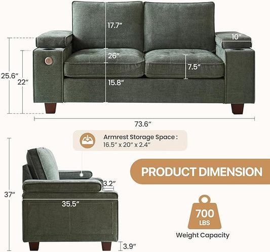 74" Loveseat Couch for Living Room, Modern Chenille Upholstered Sofa with Adjustable Armrest,Storage,Cup Holders,USB & Type-C Ports,Solid Wood 2-Seater Loveseat Sofa for Apartment(Green)