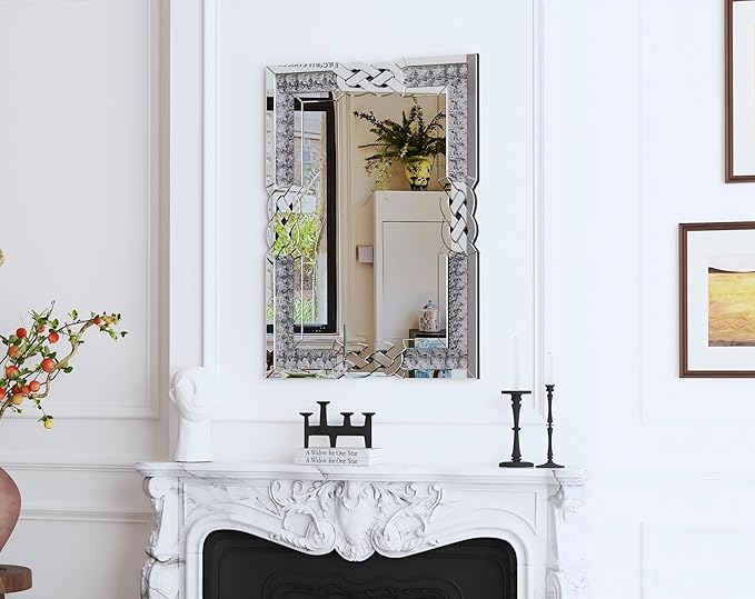 Crushed Diamond Mirror Silver Vanity Rectangular Wall Decor 36x24 inch