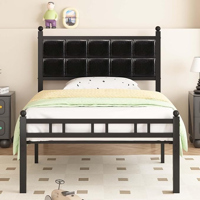 VECELO Twin Metal Bed Frame, Faux PU Leather Platform Beds with Upholstered Headboard and Footboard, Strong Slats Support, 12" Underbed Storage, Noise-Free, No Boxing Spring Needed, PU Black