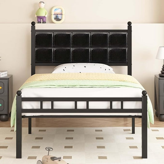 VECELO Twin Metal Bed Frame, Faux PU Leather Platform Beds with Upholstered Headboard and Footboard, Strong Slats Support, 12" Underbed Storage, Noise-Free, No Boxing Spring Needed, PU Black