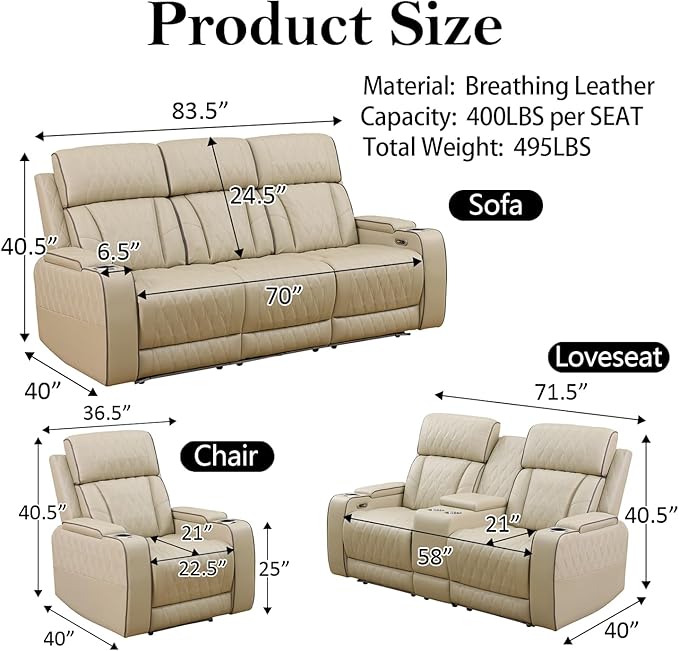 Power Reclining Sofa Set for Living Room, Leather Recliner Couch and Chair with Drop-Down Table, Power Pads, Reading Lights for House/Home Teather(Sofa and Chair, Beige)