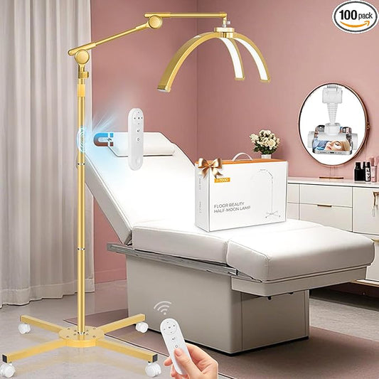 HITTI Half Moon Eyelash Extension Light, 4-Wheel Rolling Base, 3 Color Modes, Adjustable Brightness & Phone Holder 2026 LED Lash Tech Lamp for Beauty, Tattoo Artists, Skincare, SPA, Crafts - Glod
