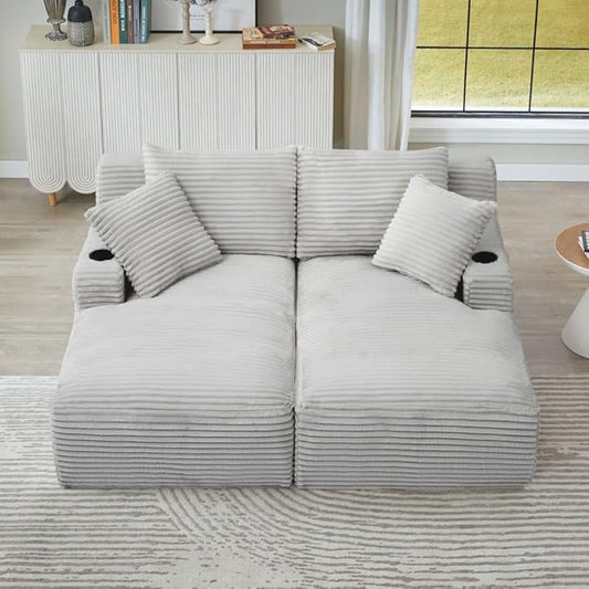 Eafurn Oversized Double Chaise Lounge Indoor with Cup Holders & Side Pocket, 71" Plush Corduroy Boneless Chaise Lounge Sofa with High Density Sponge & Deep High Seat Comfy Sleeper Couch Bed | Breathable material, No Assembly, 52" Deep Seat, 19.7" High ...