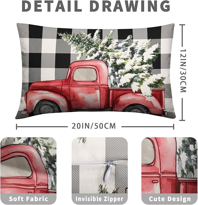 Christmas Lumbar Pillow Covers 12x20 Set of 2 Black and White Buffalo Plaid Red Truck Christmas Tree Decorative Throw Pillow Covers Xmas Winter Holiday Pillow Case for Outdoor Couch Patio