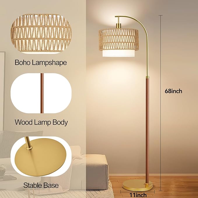 Boho Floor Lamps for Living Room Wood Floor Lamp with Remote Control,Dimmable Rattan Floor Lamps Wicker Lamp Shades Black Standing Lamp with 3 Color Temperature Tall Floor Lamp For Bedroom Corner