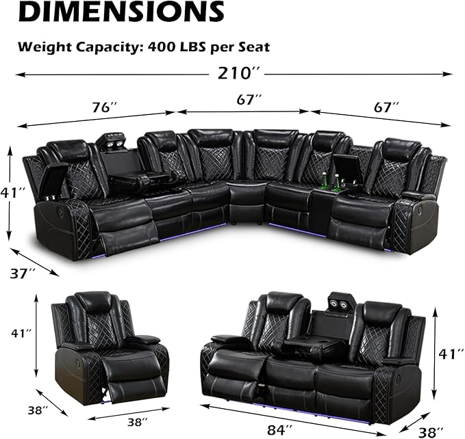 Leather Power Recliner Sectional Sofa Set with LED Light,L Shaped Leather Couch Set with 5 Recliner Seats,Modular Couch with USB Ports for Living Room Furniture(Black, Sectional+Sofa+Chair)
