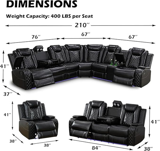 Leather Power Recliner Sectional Sofa Set with LED Light,L Shaped Leather Couch Set with 5 Recliner Seats,Modular Couch with USB Ports for Living Room Furniture(Black, Sectional+Sofa+Chair)