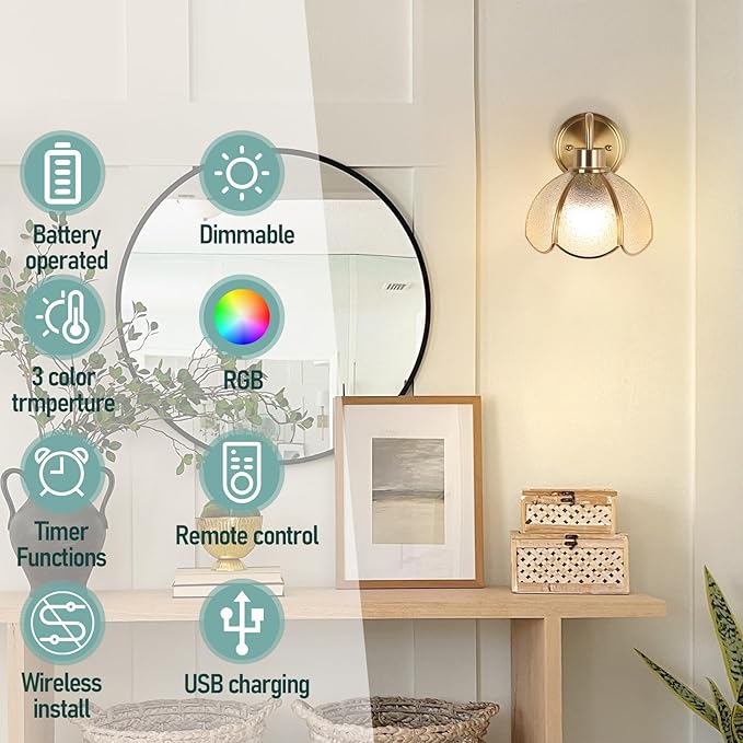 Battery Operated Wall Sconce, Vintage Wall Sconce with Gold Trim Tulip Glass Lampshade Rechargeable Battery Powered Wall Light with Remote Control for Bedside Bedroom Doorway