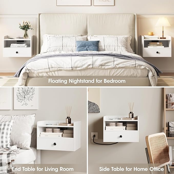 Floating Nightstand Set of 2 Modern Night Stands with Drawer and Open Shelf Cubby Small Bedside End Table with Charging Station Wall Mounted Nightstands Set 2 for Bedroom White