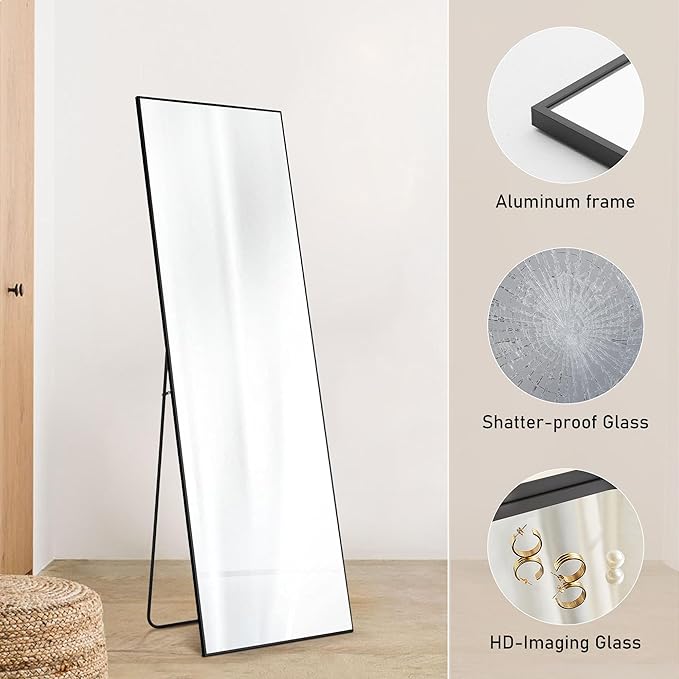 OLIXIS Full Length Mirror for Bedroom, 65"x24" Full Body Mirror with Stand, Hanging or Leaning for Wall, Aluminum Alloy Thin Frame Floor Standing for Living Room, Long, Black