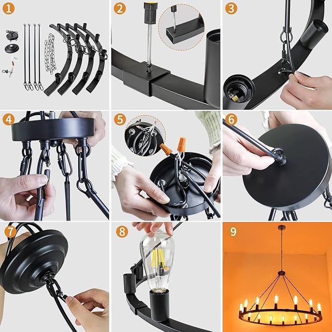16-Light 48" Large Wagon Wheel Chandelier,Farmhouse Chandelier, Rustic Vintage Black Round Pendant Light Fixtures for Kitchen Island Dining Living Room Foyer Entryway