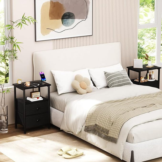 Night Stand for Bedroom, Nightstand with 2 Fabric Drawers, Small Bed Side Table Table with Open Storage Shelf for Living Room, Black, HETS002BK-1