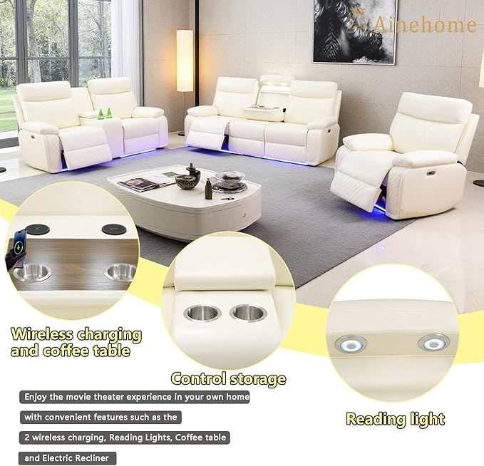 A Ainehome Leather Power Recliner Sofa Set with LED, 3 Pieces Living Room Furniture Sets, Power Leather Reclining Sectional Sofa Couches for Living Room with USB Port/Storage Console/Cup Holders