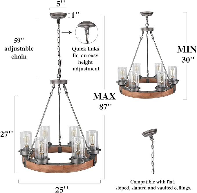 Farmhouse Wood Chandelier, Round Wagon Wheel Light Fixture with Seeded Glass Shades for Dining Room, Living Room, Bedroom, Kitchen Island and Foyer