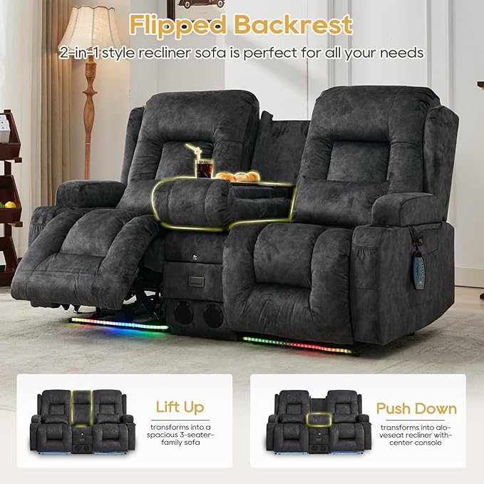 IPKIG Power Recliner Sofa with Flip-Up Backrest Console, USB & USB-C Ports, AC Outlet, LED Lights, Wall Hugger Recliners for Living Room, RV (Drak Grey, 67" - 3 Seat) | Velvet Fabric, Zero Gravity, Dual Reclining, 2 Lumabr Pillow, Bluetooth Speakers