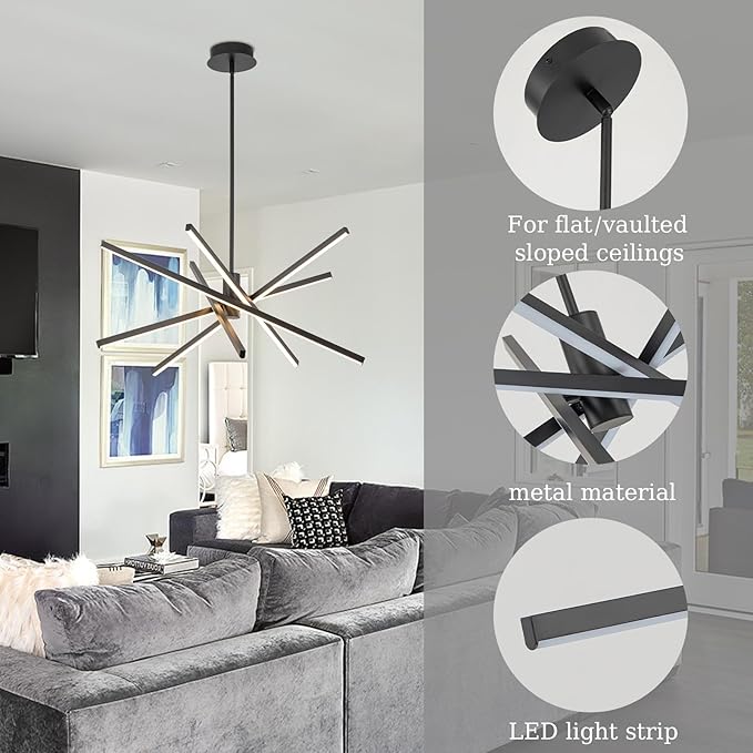 Y'INSP Black Sputnik Chandeliers Modern LED Linear Chandelier Light 5 Lights Dining Room Light Fixtures Over Table Embedded 45W Sputnik Light Fixture for Kitchen Island Bedroom Living Room