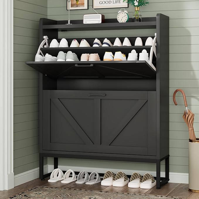 Shoe Cabinet, Shoe Storage Cabinet with 2 Flip Drawers & Adjustable Shelf, Space-Saving Shoe Organizer – Holds 16+ Pairs, Narrow Shoe Cabinet Storage for Entryway/Hallway（Black）