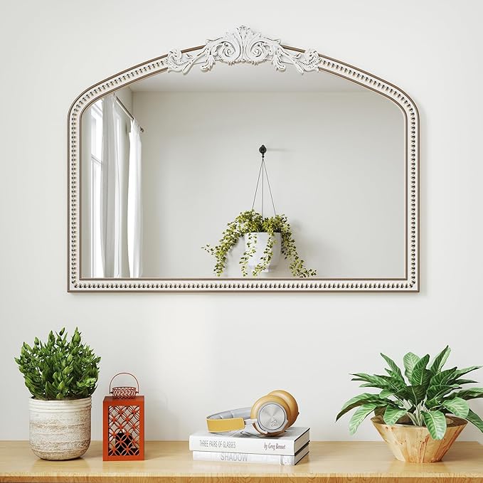Large Baroque Arched Wall Mirror: 42x32 Inchces Wooden Mirror - Ornate Vintage Decorative Mirrors for Living Room, Entryway, Bedroom, Fireplacce