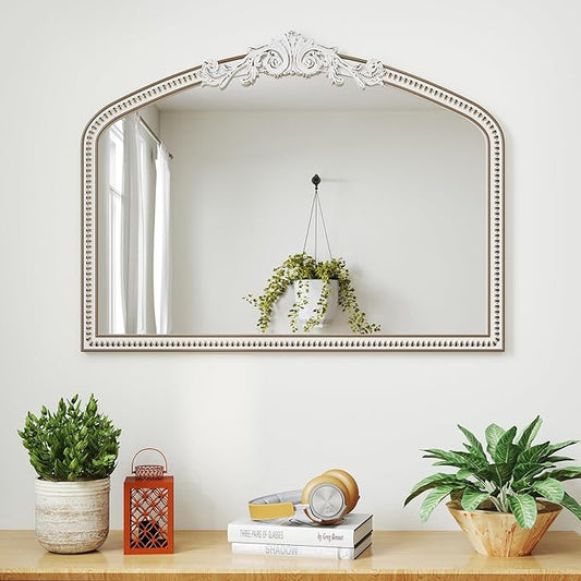 Large Baroque Arched Wall Mirror: 42x32 Inchces Wooden Mirror - Ornate Vintage Decorative Mirrors for Living Room, Entryway, Bedroom, Fireplacce