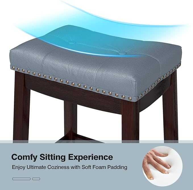 COSTWAY Bar Stools Set of 2, 24-Inch Height Backless Counter Stool with Footrest, Soft Seat Cushion, Wood Legs and Non-Slip Foot Pad, Saddle Stools for Home Kitchen Living Room, Stone Gray+Dark Brown