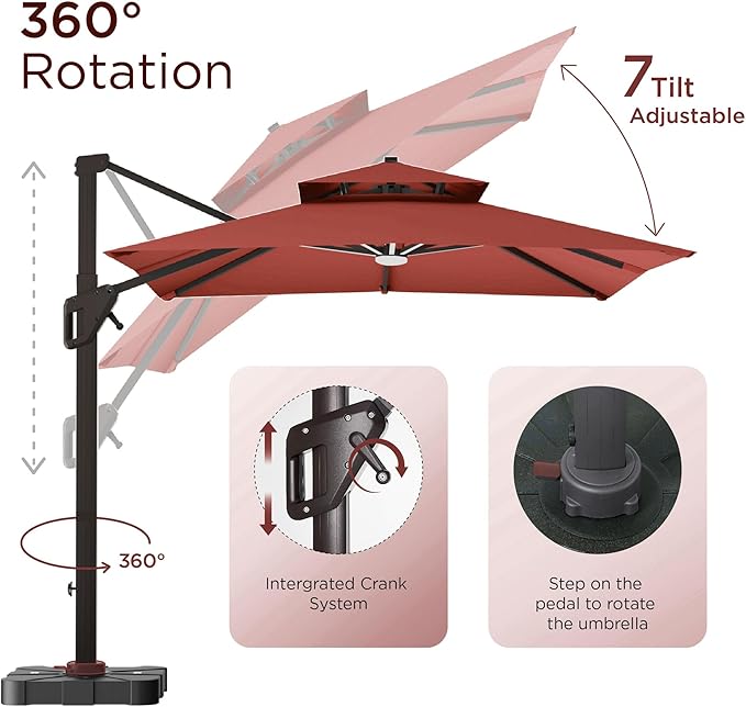 10' X 13' Patio Umbrella with Weighted Base and LED Lights Outdoor Cantilever Large Rectangle Offset Umbrellas Heavy Duty Aluminum Double Top with 360-degree Rotation for Pool Garden Deck, Red