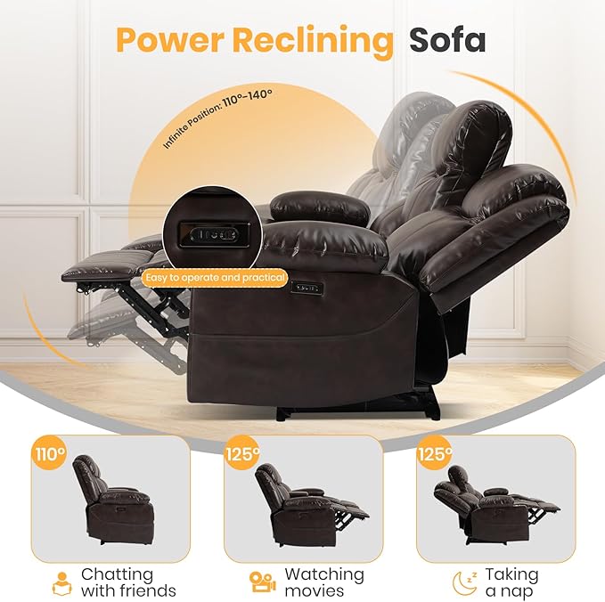Reclining Sofa, Electric 3 Seater Recliner Sofa with Colorful Light/USB/Type C/Cup Holder, Wall Hugger RV Recliners Reclining Couch for Living Room & Home Theater