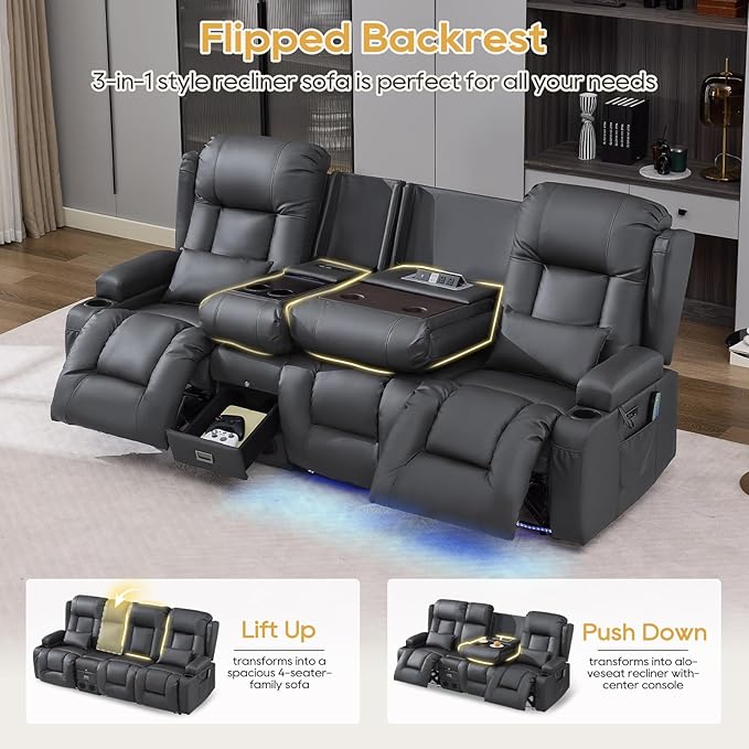 IPKIG Power Recliner Sofa with Flip-Up Backrest Console, USB & USB-C Ports, AC Outlet, LED Lights, Wall Hugger Recliners for Living Room, RV (PU Grey, 89" - 4 Seat) | Faux Leather, Zero Gravity, Dual Reclining, 2 Lumabr Pillow, Bluetooth Speakers