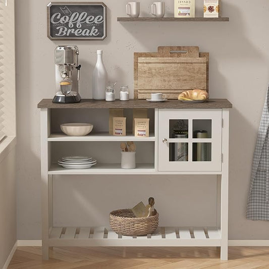 ChooChoo Farmhouse Coffee Bar Cabinet, Buffet Cabinet with Storage, Sideboard Buffet with Glass Door, Console Table for Kitchen, Hallway, Entrance, White