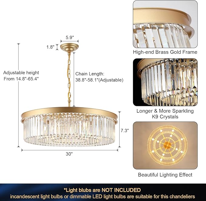 Gold Crystal Chandeliers 30" Modern Round Chandelier 12-Lights 3-Tier Crystal Ceiling Chandelier Light Fixture Brass Luxury Crystals Chandeliers for Dining Room High Ceilings Entryway Foyer