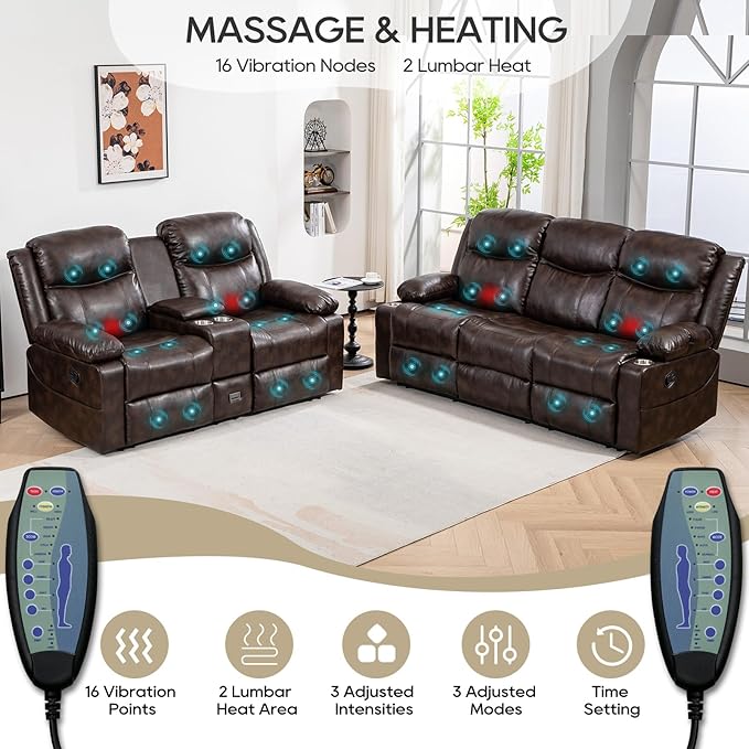Recliner Sofa Set - Reclining Sofa Couch Set, 2 Pieces Recliner Furniture Sofa Set, 3-Seater Reclining Sofa & 2-Seater Reclining Loveseat with Massage & Heat for Living Room (Brown) | Cup Holder, Side pocket, Storage, Console