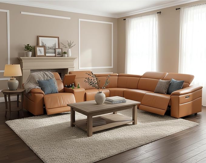 Power Recliner Sectional Couch, Breathing Leather Living Room Furniture Set, Reclining Corner Sectional Sofa with Storage Console/Cup Holders for Home/Office (Caramel, 5 Seater Couch)