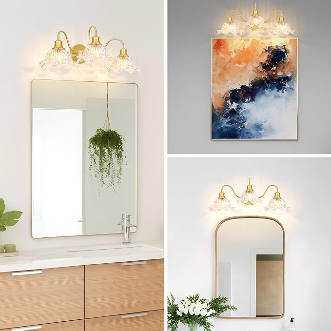 Brushed Gold Bathroom Vanity Light Fixture Vintage 3 Light Bathroom Lighting Over Mirror, Farmhouse 24'' Wall Sconce Lighting with Flower Glass Shades, Easy Mount for Makeup Area, E26 Bulb Compatible