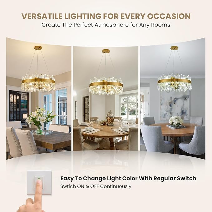 CROSSIO Modern Crystal Chandelier for Dining Room, 12-Light Luxury Gold Flush Mount Crystal Ceiling Light 2-Tiers K9 Crystal Raindrop Chandelier for Living Room Kitchen Entryway Foyer D23.6''