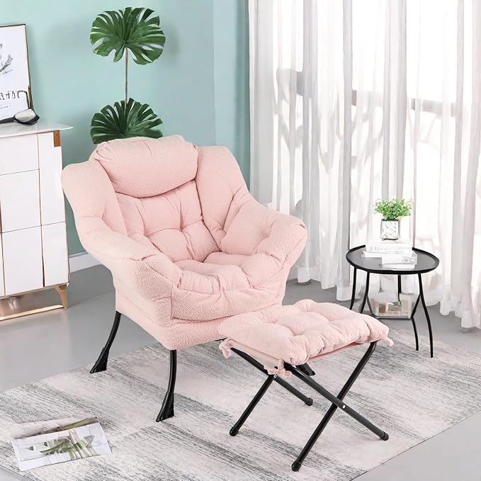 GORELAX Lazy Chair with Ottoman, Modern Accent Chair w/Armrests & Side Pocket, Upholstered Lounge Sofa Chair & Folding Footstool Set, Reading Chair for Bedroom, Living Room, Dorm Room (Plush Pink)